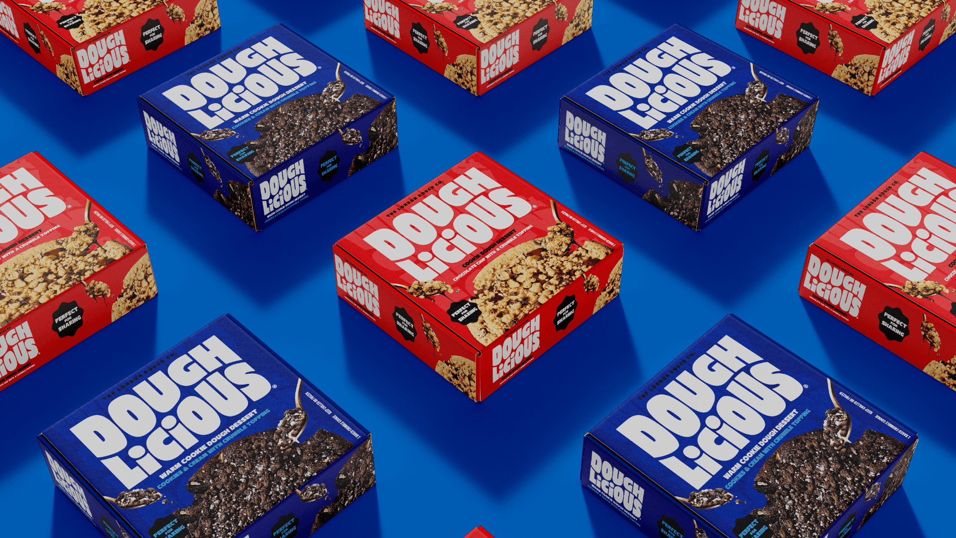 Doughlicious cookie dough dessert box packaging repeated pattern flat lay in red and blue, packaging design by On Poynt Creative