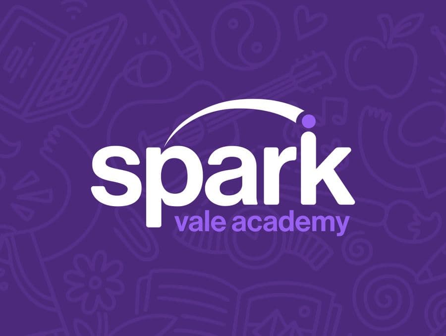 Spark Vale Academy logo on purple illustrated background pattern