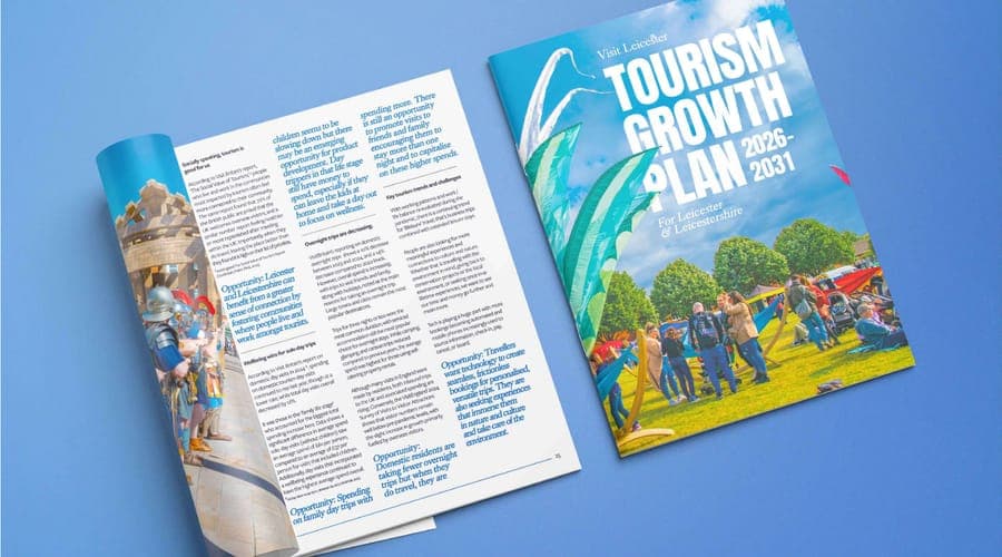 Visit Leicester Tourism Growth Plan 2026-2031 brochure cover and inside spread, print design by On Poynt Creative
